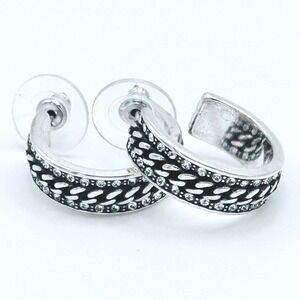 Sterling Silver Hoop Earrings Cable Design Crystal Accents Tested Silver